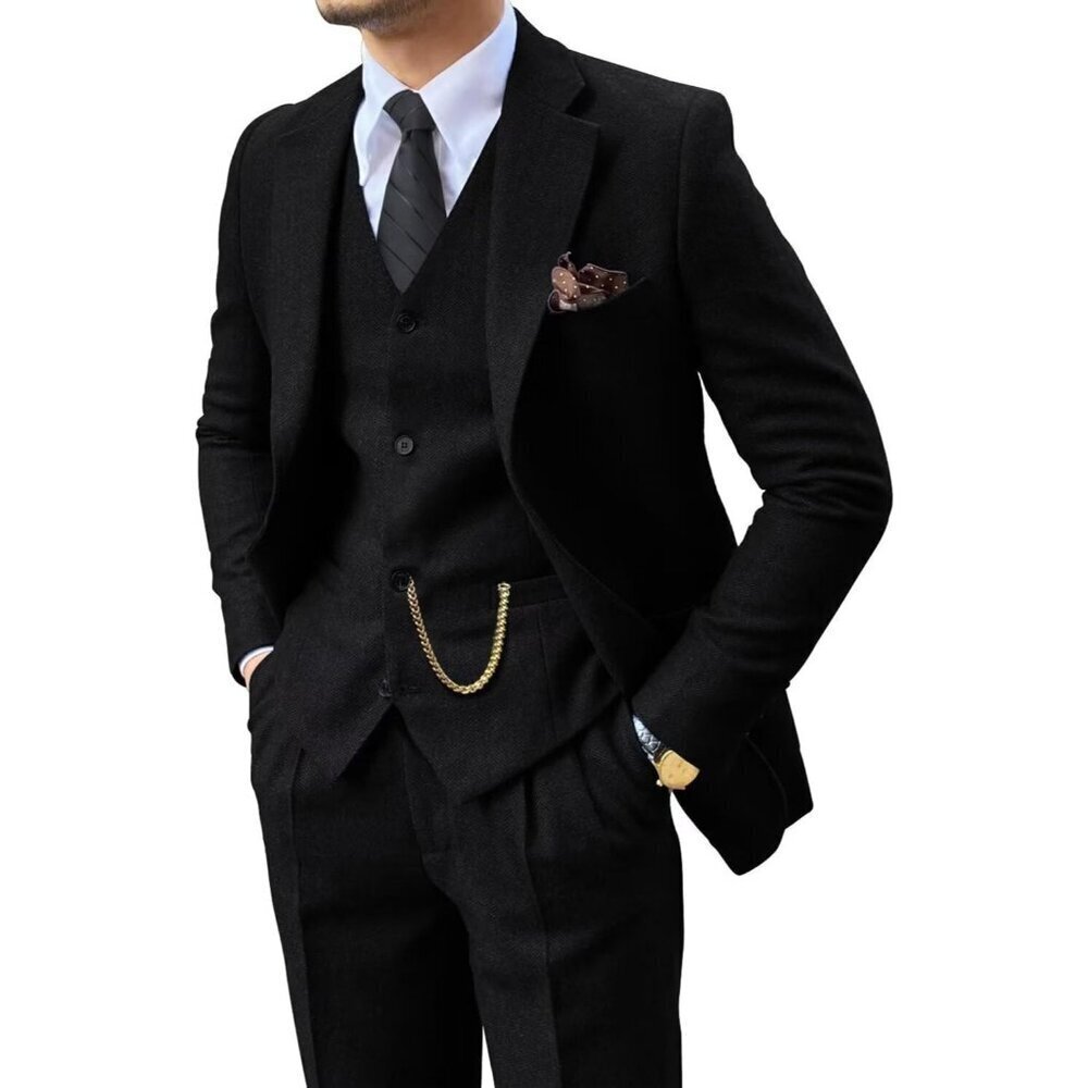 Men's Black Slim Fit Suit Groom Tuxedo Set Prom Jacket Blazer Vest Pants